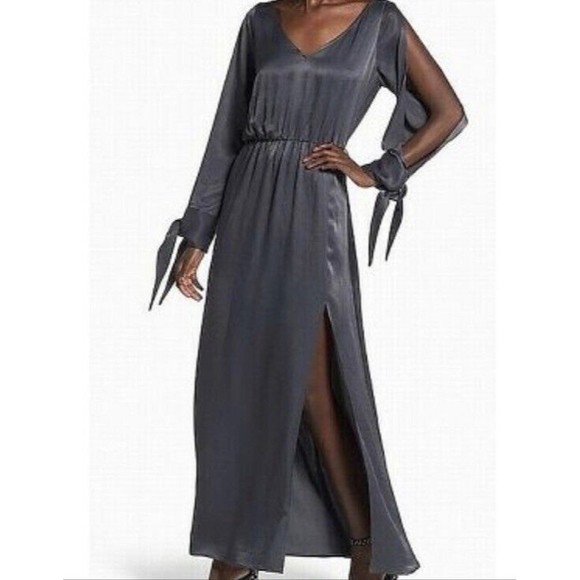 Leith Dresses Leith Maxi Dress Satin Long Split Sleeve W Bows Thigh